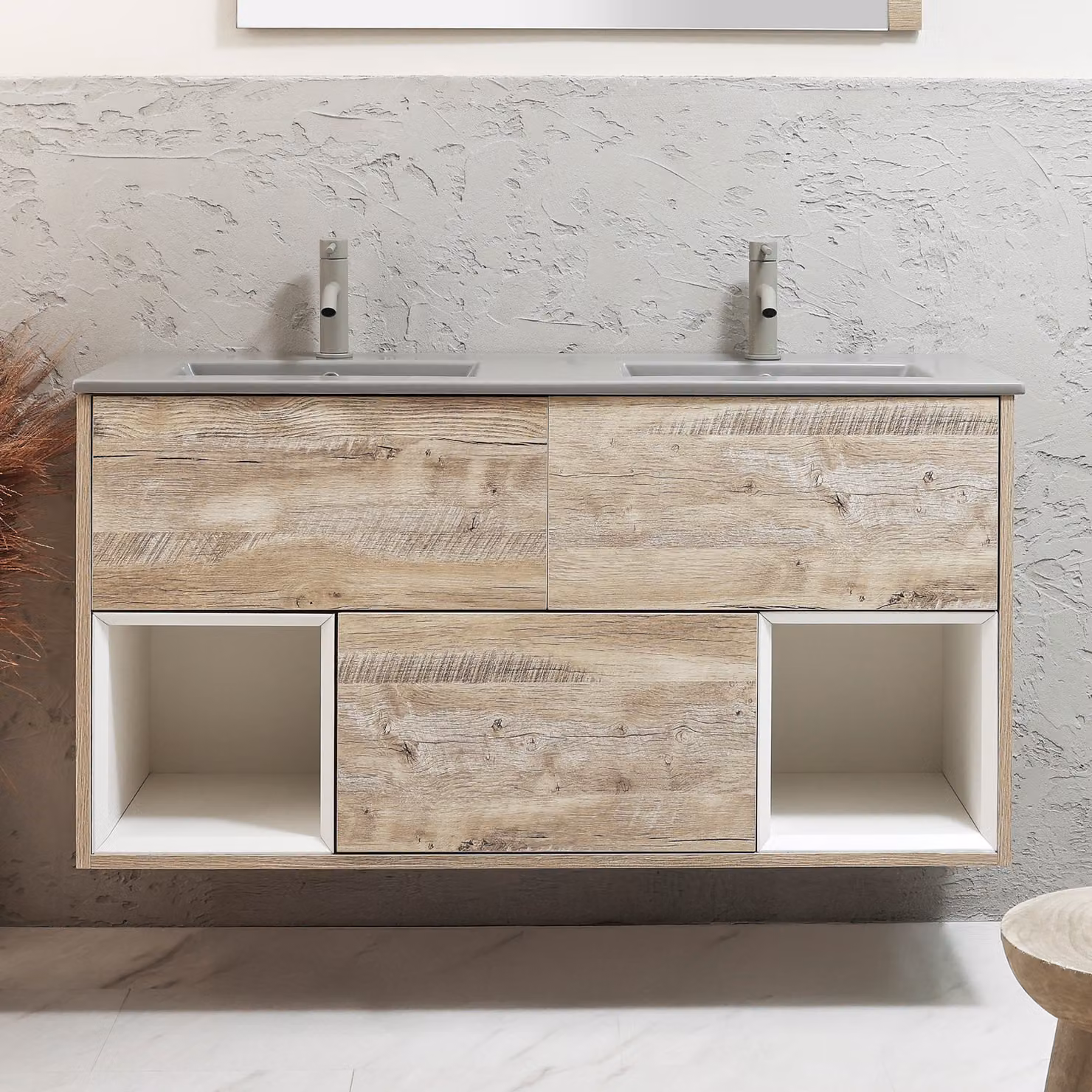 Mobile Bagno Sospeso con Ripiano Aperto in Rovere Chiaro da 1212mm con Lavabo Grigio (Pebble) - Hoxton