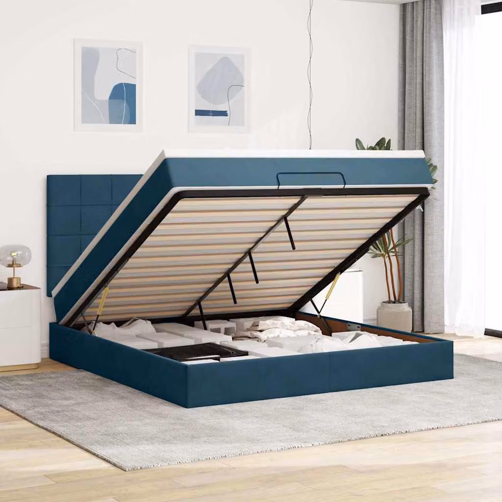 Letto con contenitore a sollevamento vidaXL in velluto blu e bianco, L: 160 cm, P: 200 cm, H: 128 cm