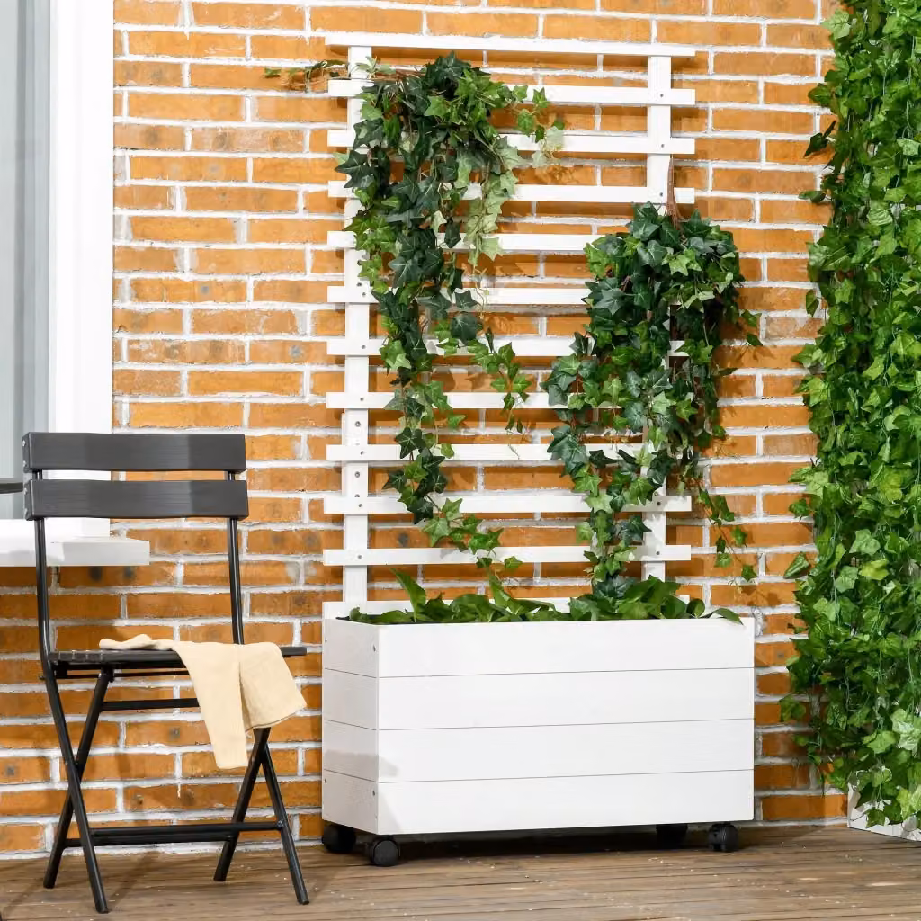 Fioriera rialzata in legno bianco GIORDANOSHOP con grigliato per rampicanti, L: 76 cm, P: 30 cm, H: 155 cm – 2