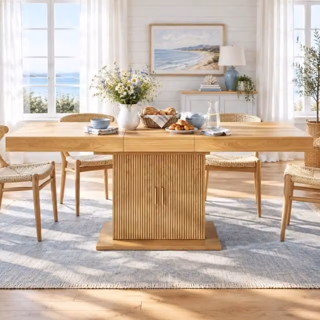 Desviae Tavolo da pranzo allungabile con contenitore e ripiano removibile in MDF effetto legno con ante scanalate