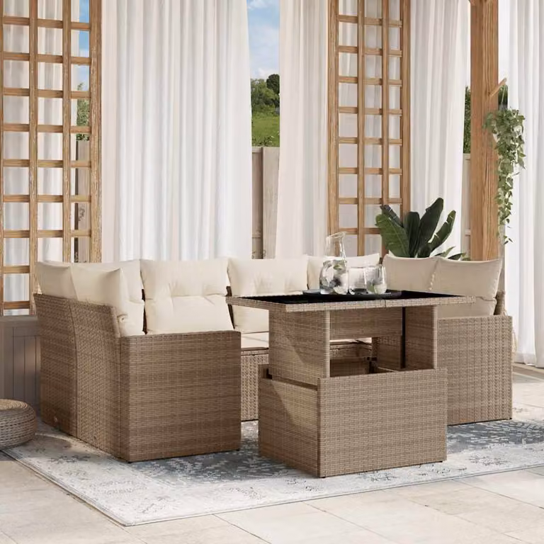 Set di Divani da Giardino vidaXL 7 Pezzi con Cuscini Beige e Tavolino in Polyrattan e Acciaio