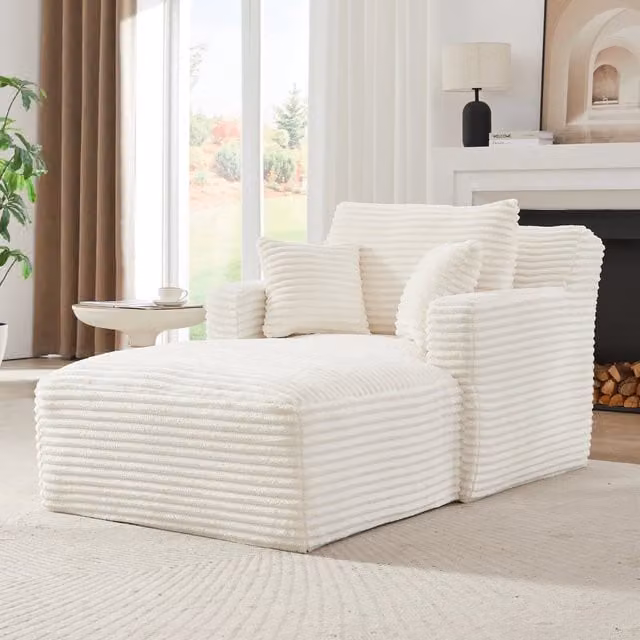 Chaise longue in tessuto corduroy con imbottitura in schiuma e molle insacchettate per soggiorno crema