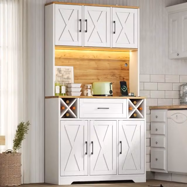 Armadio da cucina con illuminazione LED, 180x105x40 cm, alta capacità di stoccaggio, cantinetta e vetrina per soggiorno e sala da pranzo