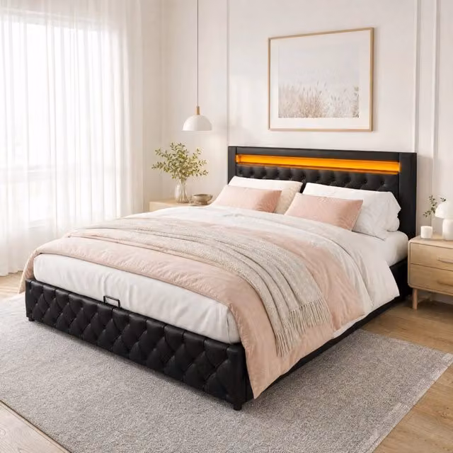 Letto matrimoniale 140x190 cm imbottito con contenitore; LED; rete a doghe; PU nero