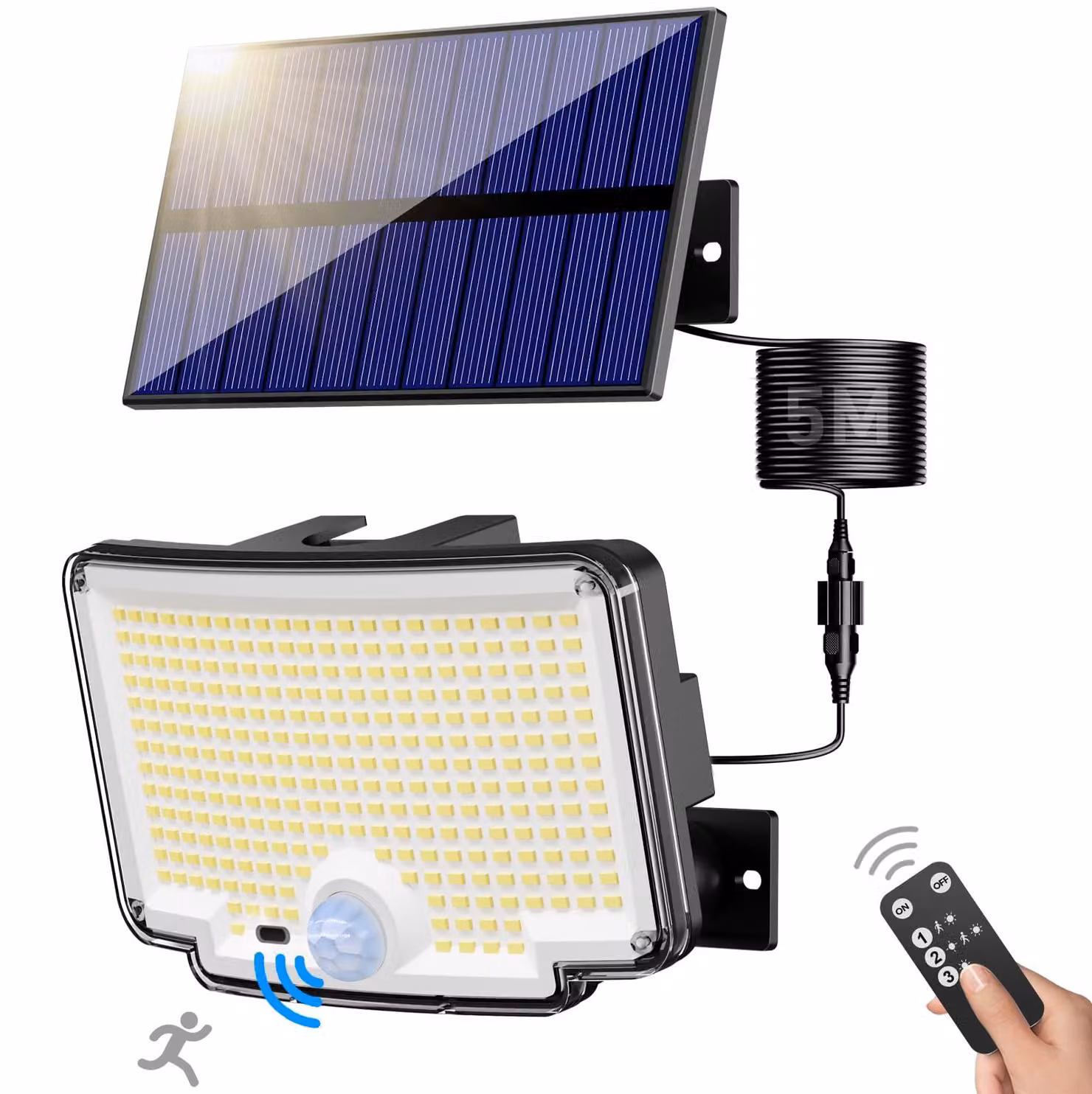 Faretto solare con 318 LED, angolo di illuminazione di 270°, sensore di movimento, grado di protezione IP65, telecomando