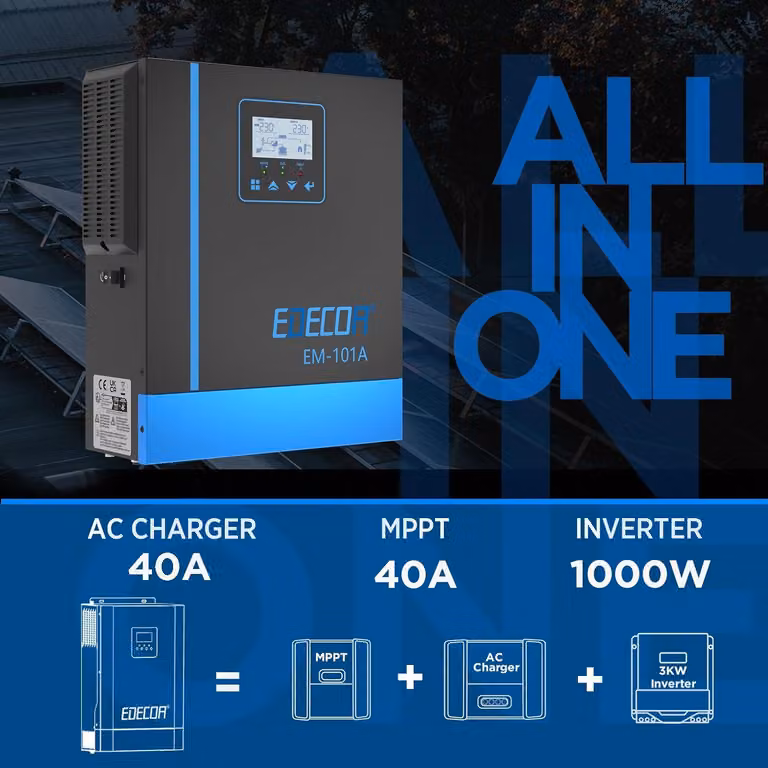 Inverter ibrido - Inverter fotovoltaico - Inverter per sistemi off-grid - Caricabatterie - Regolatore di carica solare - Potenza: 1000 W