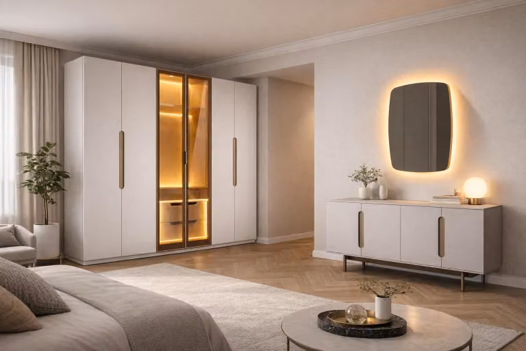 Lussuoso set da camera da letto in beige: grande armadio, consolle, specchio