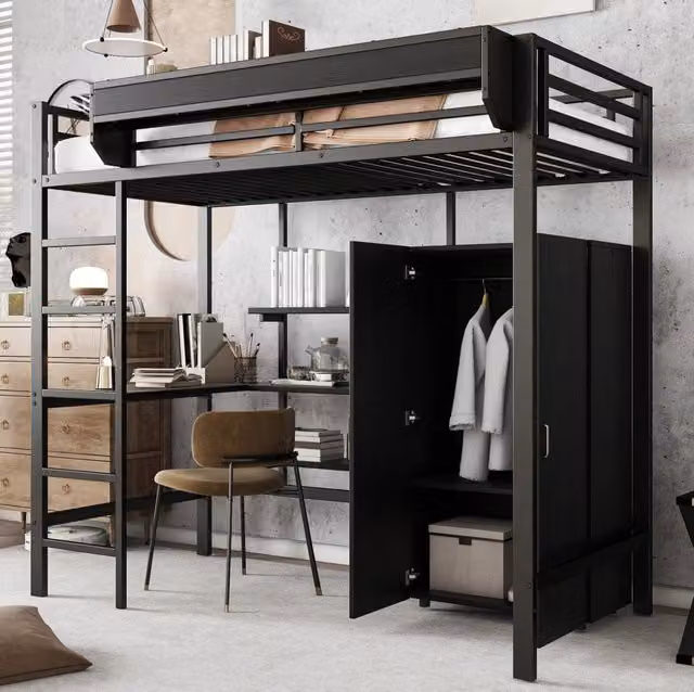 Letto a castello 90x200 cm con tavolo e armadio in metallo e pannello truciolare nero