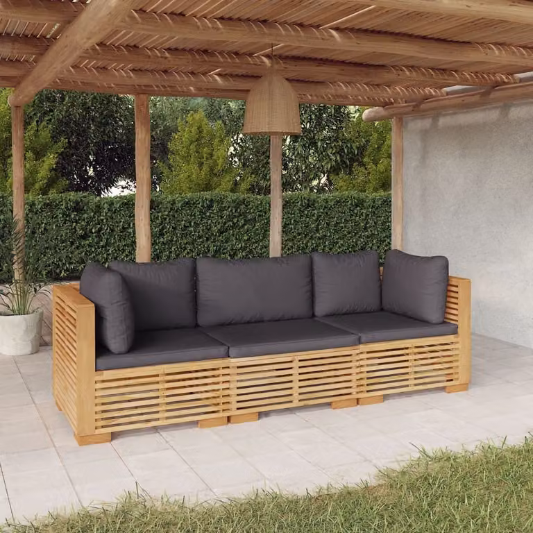 Set da lounge per giardino esclusivo, composto da 3 pezzi, con cuscini, realizzato in legno massello di teak