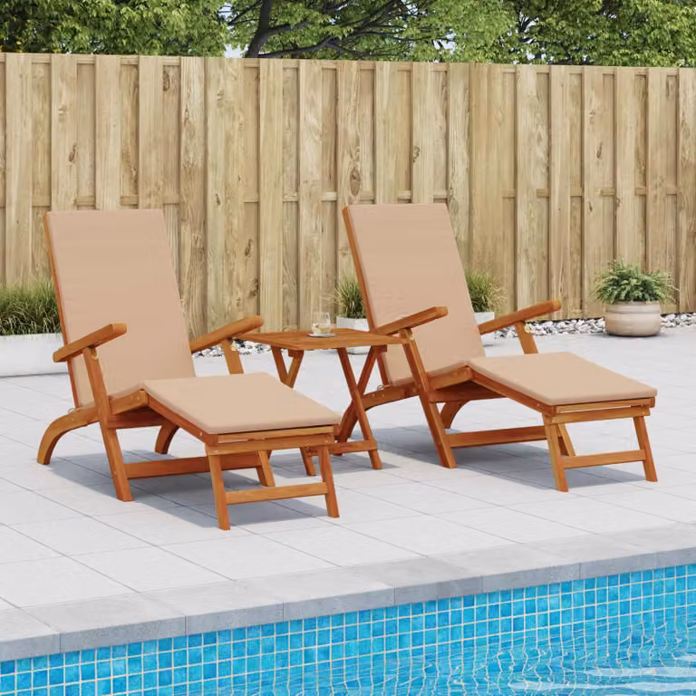 Set di 3 lettini prendisole reclinabili e pieghevoli vidaXL in legno di acacia color tortora