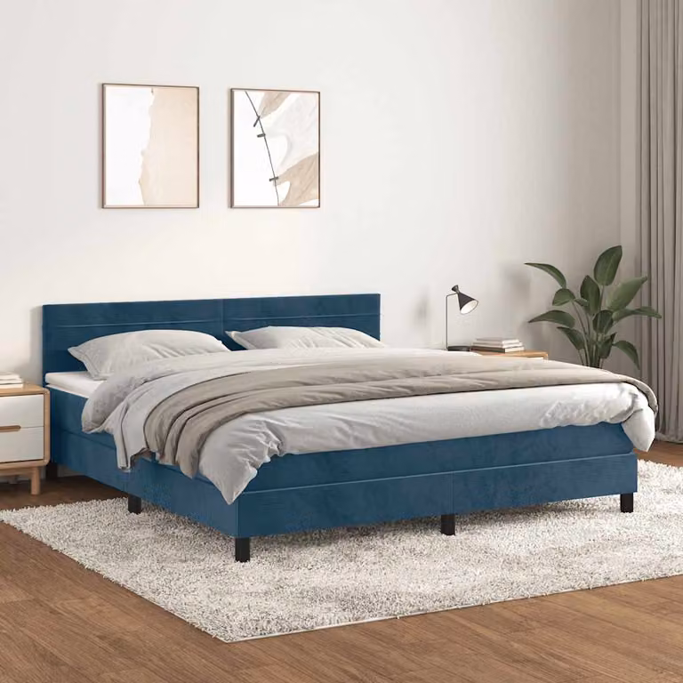 vidaXL Letto Ibrido con Giroletto a Molle e Materasso in Velluto Blu Scuro, L/P/H: 160 x 200 x 88 cm