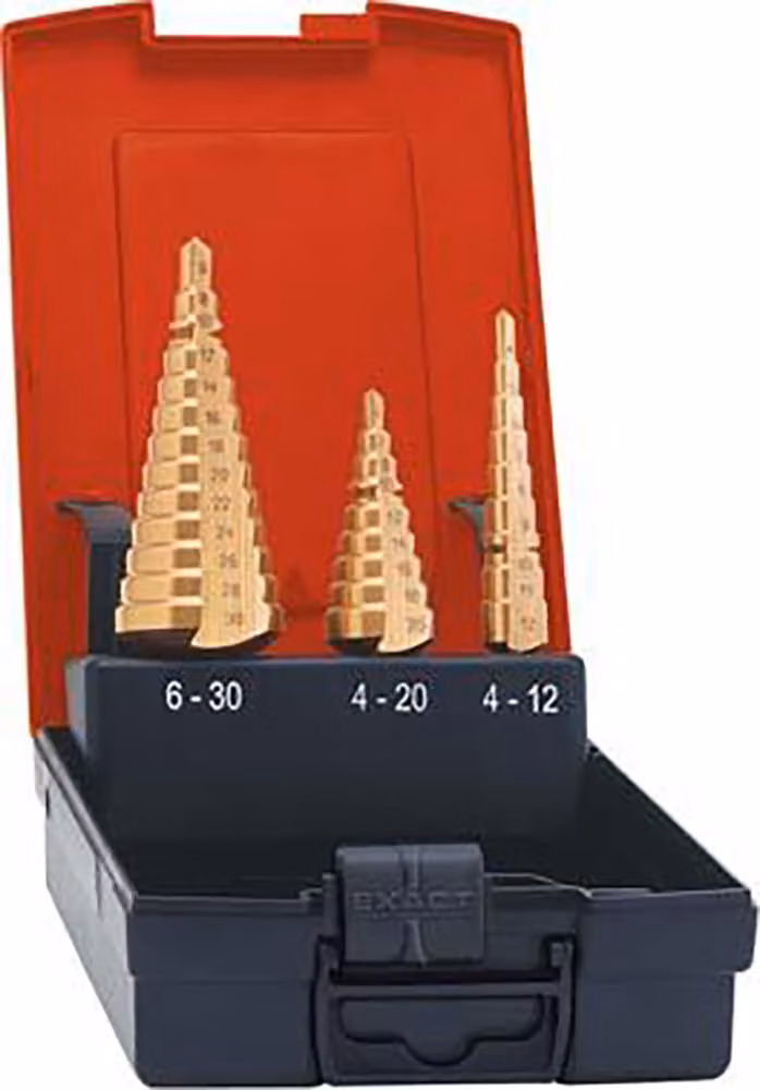 Set di punte da trapano a gradoni in HSS con rivestimento TiN, formati: 4-12 mm, 12-20 mm, 20-30 mm