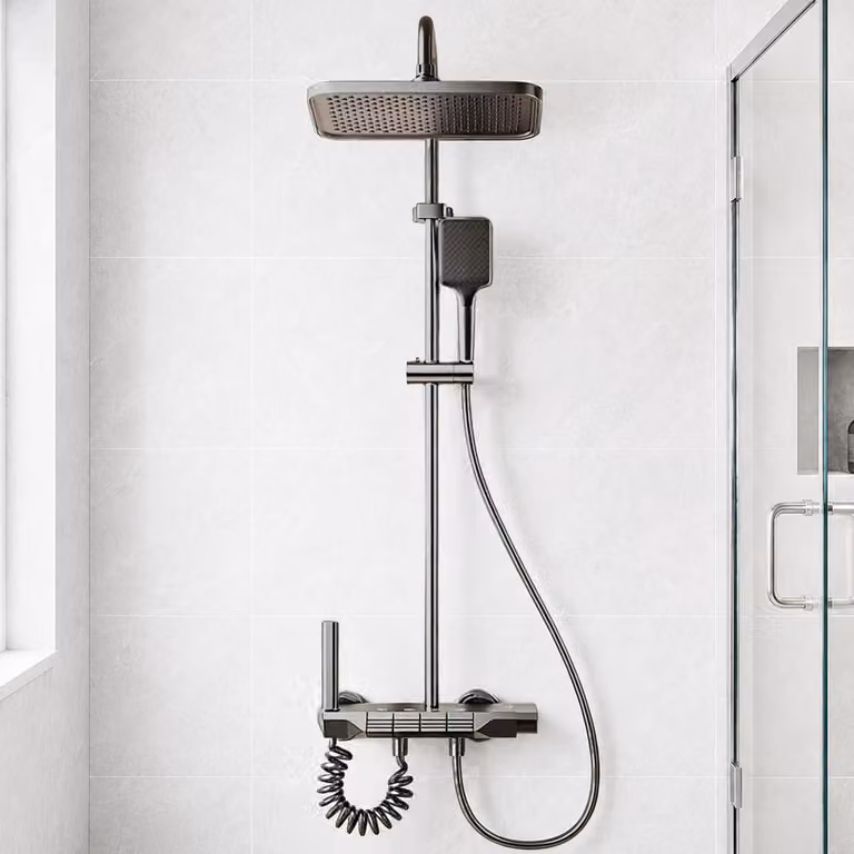 Set completo per doccia, con tasti a forma di tasti di pianoforte, doccia a pioggia, soffione manuale, regolabile in altezza, colore grigio