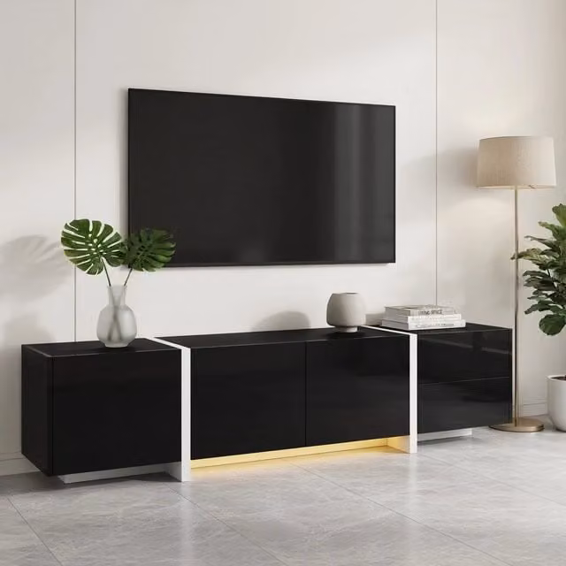 Cassettiera per TV moderna KOMHTOM in legno nero e bianco con illuminazione integrata e cassetti soft-close, L: 170 cm, P: 30 cm, H: 39 cm