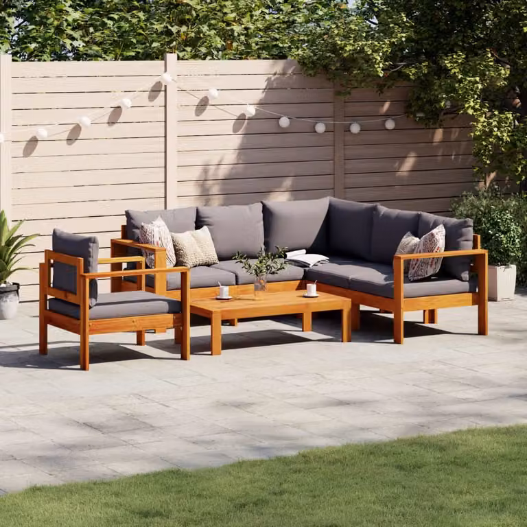 vidaXL Set Divano da Giardino 5 pz a L in Legno di Acacia con Cuscini Grigi