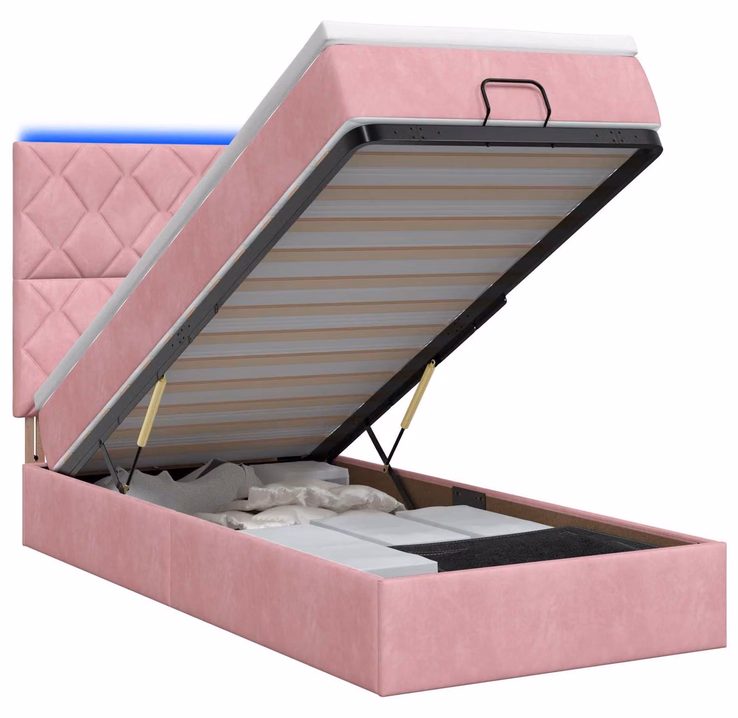 Pouf contenitore con materasso e luci LED rosa, 90 x 200 cm, rivestito in velluto