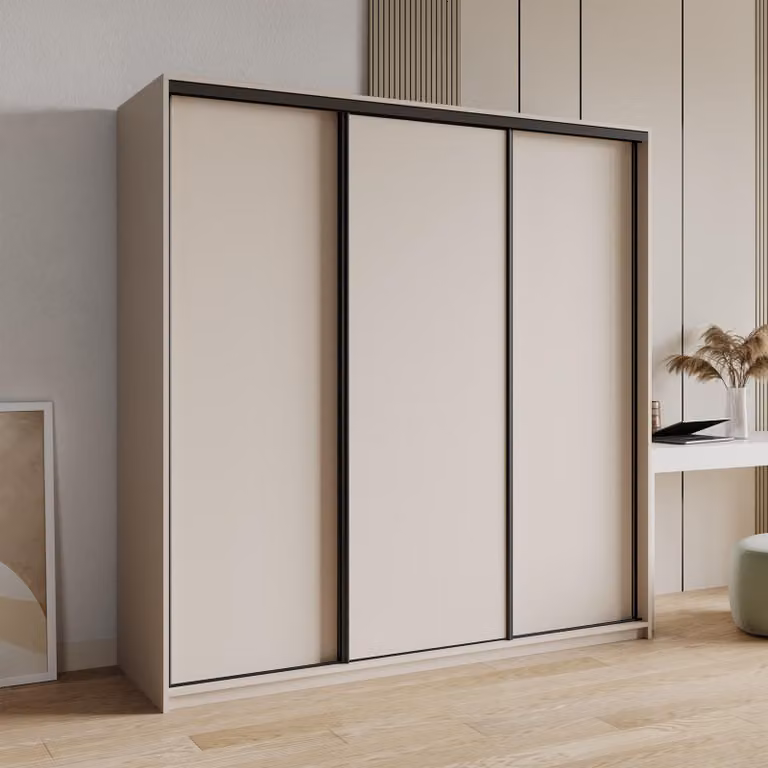 Armadio scorrevole Masseno NISSE 180/205/60 cm Armadio con 4 cassetti Armadio per camera da letto a 3 ante Cashmere