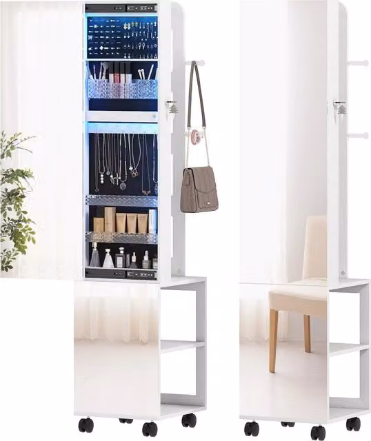 Specchiera portagioie da terra girevole 360¡ã con illuminazione LED ¨C Xylo ¨C Bianco 37x40x165cm