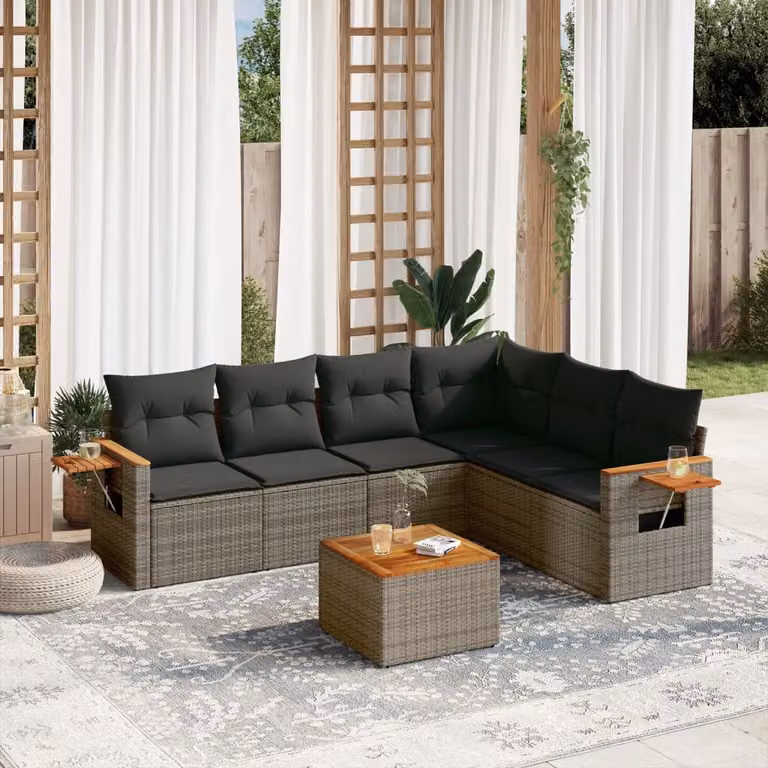 vidaXL Set Divani da Giardino 7 pz in Polyrattan Grigio con Cuscini e Tavolino
