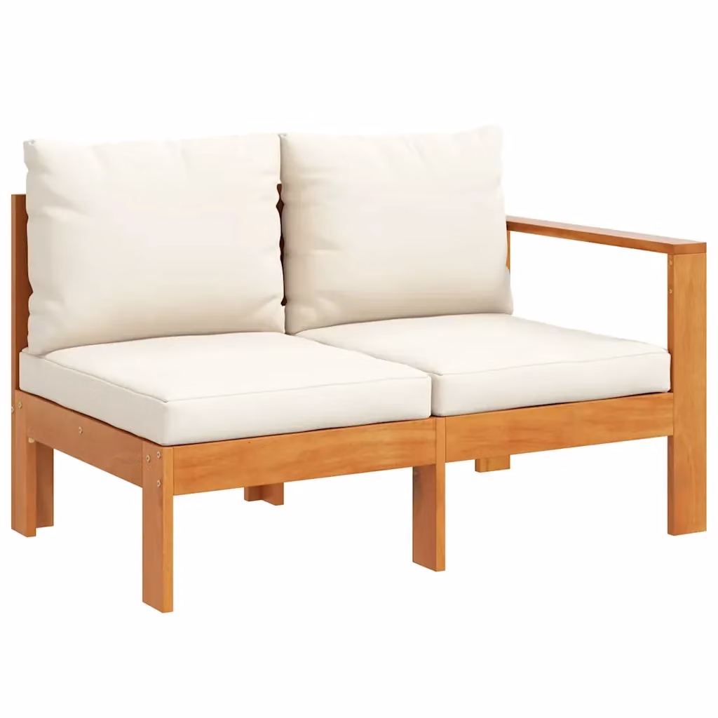 Divano da giardino a 2 posti con 1 bracciolo destro in legno di acacia e cuscini beige o bianchi – 2