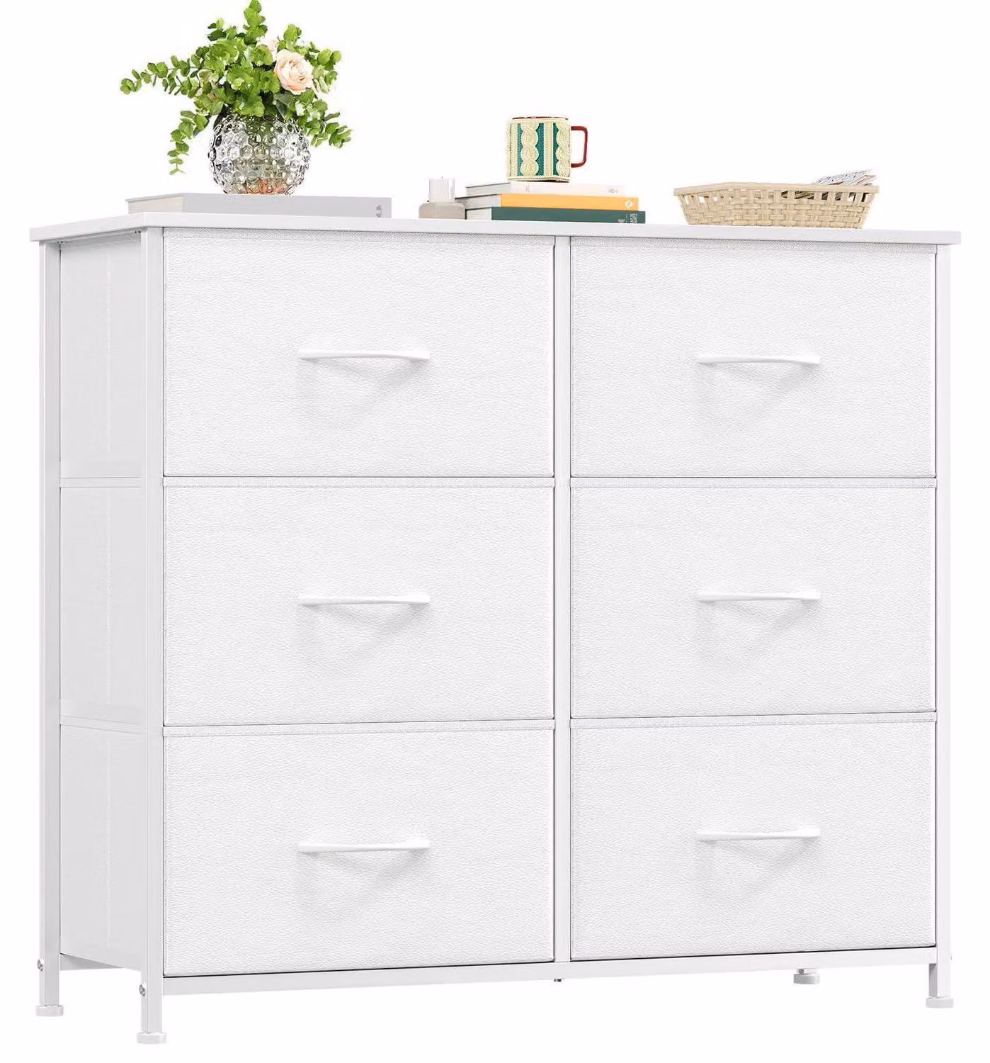 Comodino con 6 cassetti rivestiti in tessuto, colore bianco, dimensioni 80x30x71,5 cm