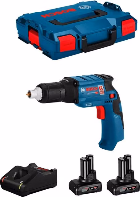 Avvitatore per cartongesso Bosch GTB 12V-11 blu con 2 batterie da 6,0 Ah, caricabatterie GAL12V-40 e L-Boxx 102