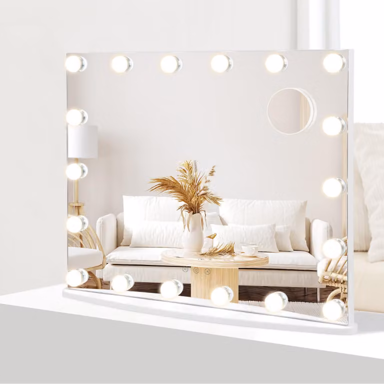 COSTWAY 62,5x51cm Hollywood mirror con illuminazione, specchio per il trucco con touchscreen intelligente e specchio d'ingrandimento, 3 colori di luce e 4 intensità luminose