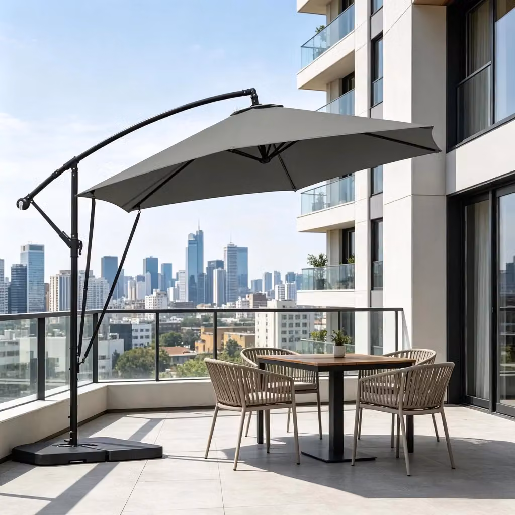 Ombrellone da giardino decentrato OKWISH inclinabile con manovella in metallo e poliestere grigio scuro – 2
