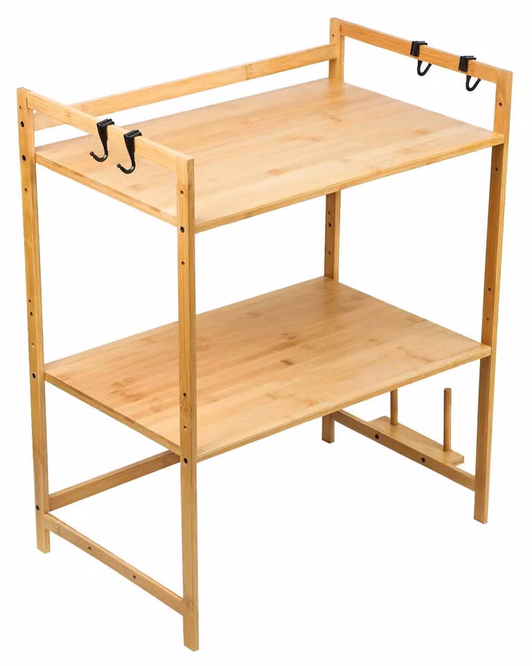 Ripiano per microonde - Scaffale da cucina in bambù a 2 livelli - 4 ganci - Porta tagliere - Organizzatore per piani di lavoro - Colore legno