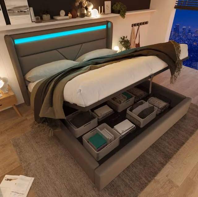 Letto contenitore matrimoniale 160x200 cm con LED; telecomando e rivestimento in PU grigio