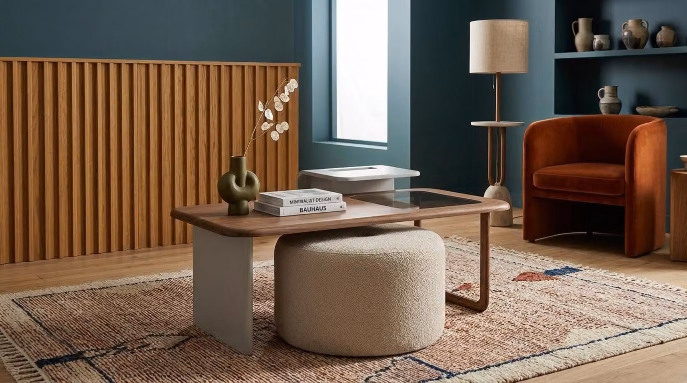 Tavolino da caffè, tavolino ausiliario, pouf, soggiorno, stile moderno, marrone, rettangolare