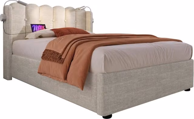 Letto singolo 90x200 con contenitore e rete a doghe; letto imbottito in lino con luce di lettura e porte USB; colore naturale