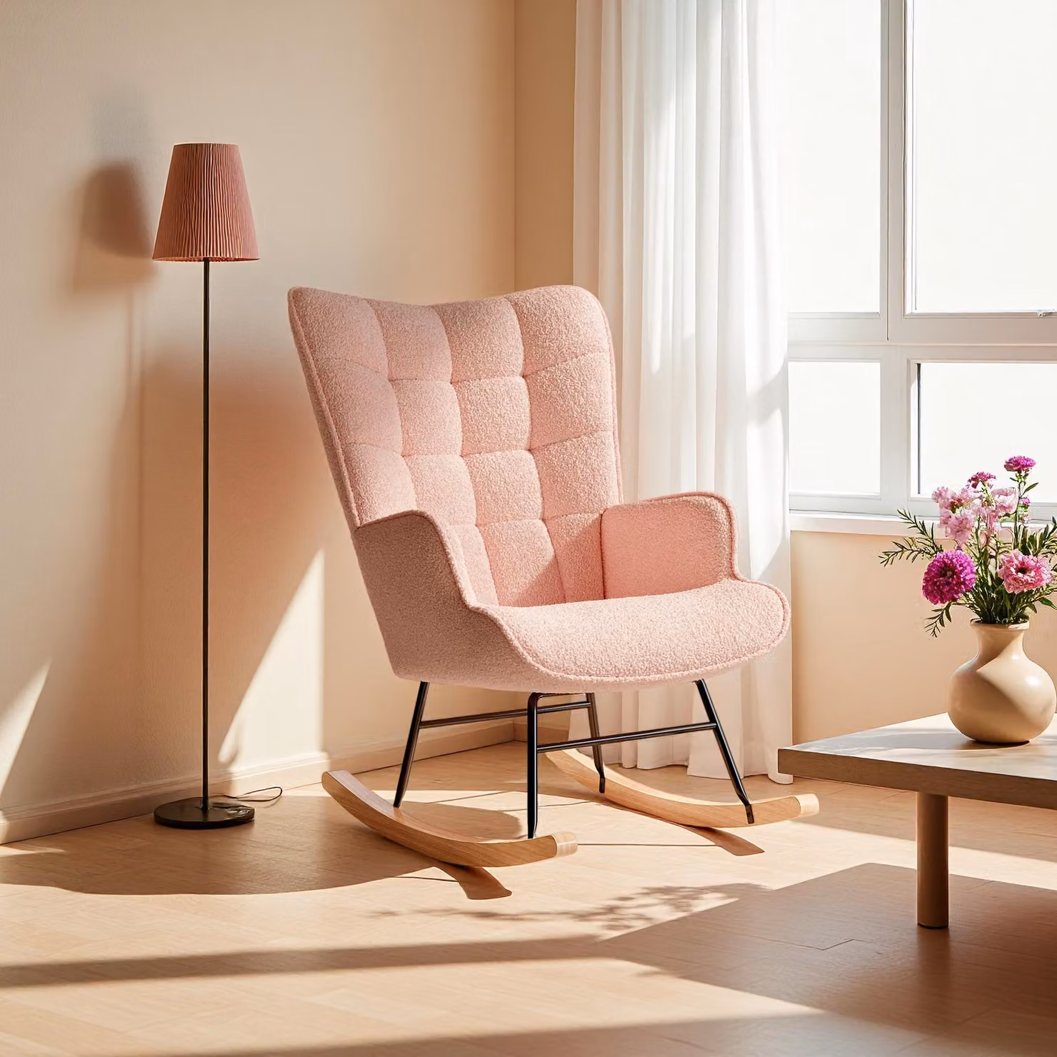 Poltrona a dondolo INONEFT, rivestita in tessuto tipo "teddy", con schienale alto, struttura in legno massello e metallo, portata massima 120 kg, colore rosa