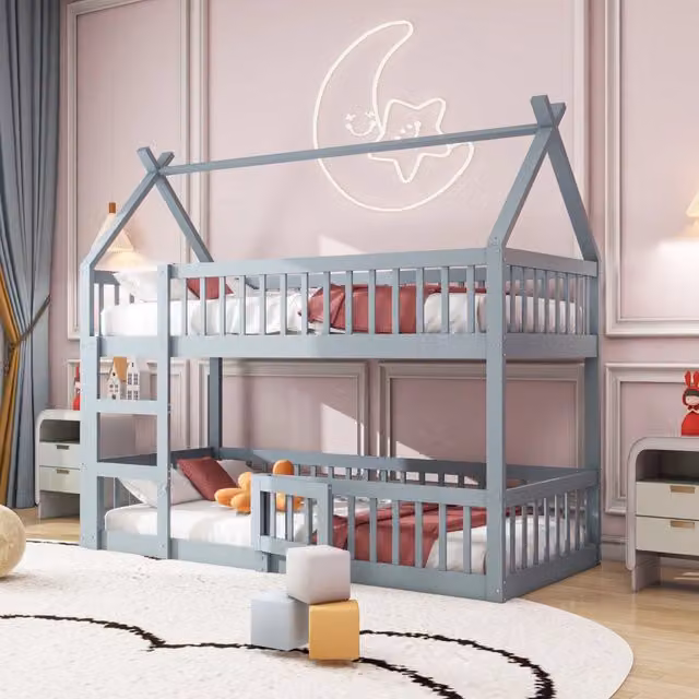 Letto a Castello per Bambini con Scala ¨C MINIMAL ¨C Massello Grigio 90x200