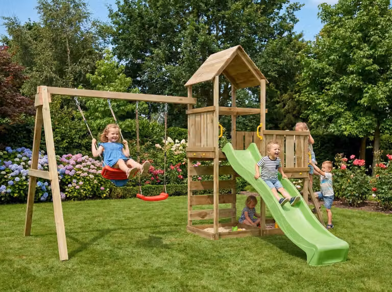 MaxPlay 3.2 KDI con scivolo, doppia altalena, doppio dondolo e parete da arrampicata