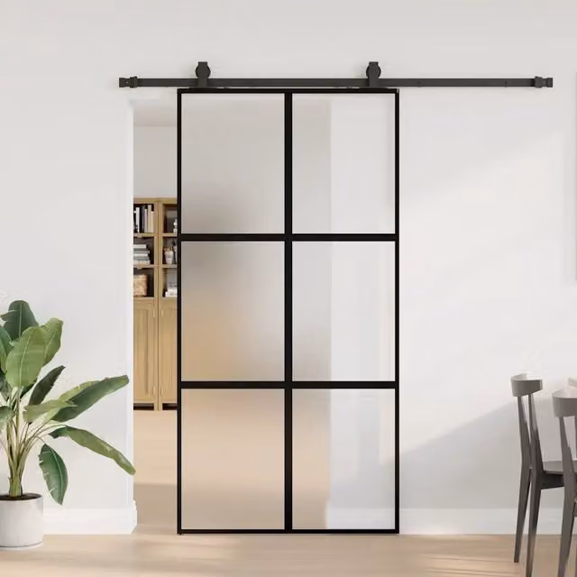 Porta Scorrevole Moderna VIDAXL in Vetro Temperato e Alluminio, Colore Nero, L: 102,5 cm, H: 205 cm