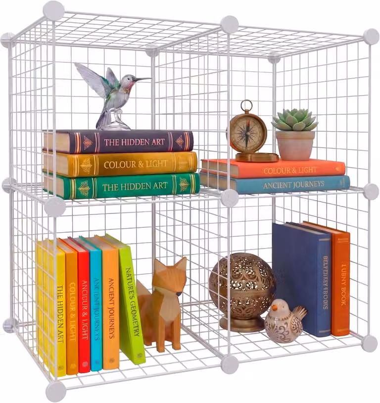 Scaffale modulare a forma di cubo con 4 scomparti - Scaffale in metallo - Bianco - 75x37x75 cm