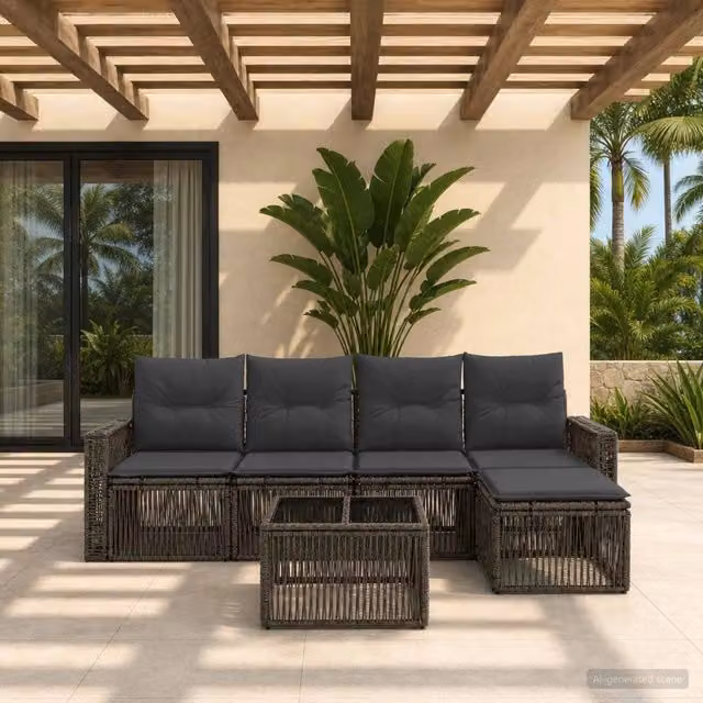 Set da giardino moderno vidaXL composto da 6 pezzi con divano a L, tavolino e pouf in rattan color grigio e antracite con cuscini inclusi
