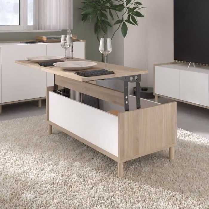 Tavolino da salotto, regolabile in altezza, 100 x 50 x 43,6 cm, rettangolare, bianco e decorazione rovere, PARISOT