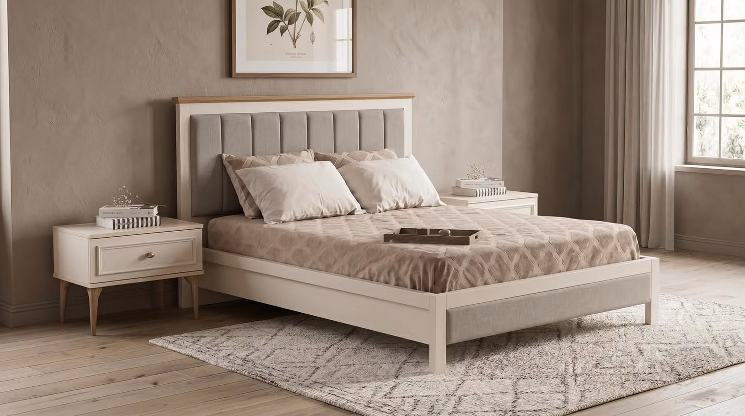 Eleganti comodini (2 pezzi), tavolino da trucco classico color crema, ideali per la camera da letto