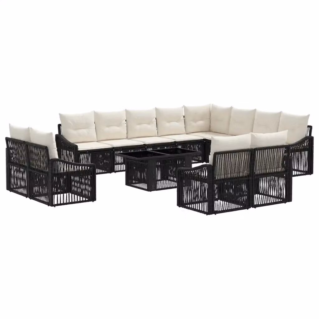 Set Divano da Giardino a Forma di U con Tavolino vidaXL in Polyrattan, 13 Pezzi, Nero e Bianco Crema – 2