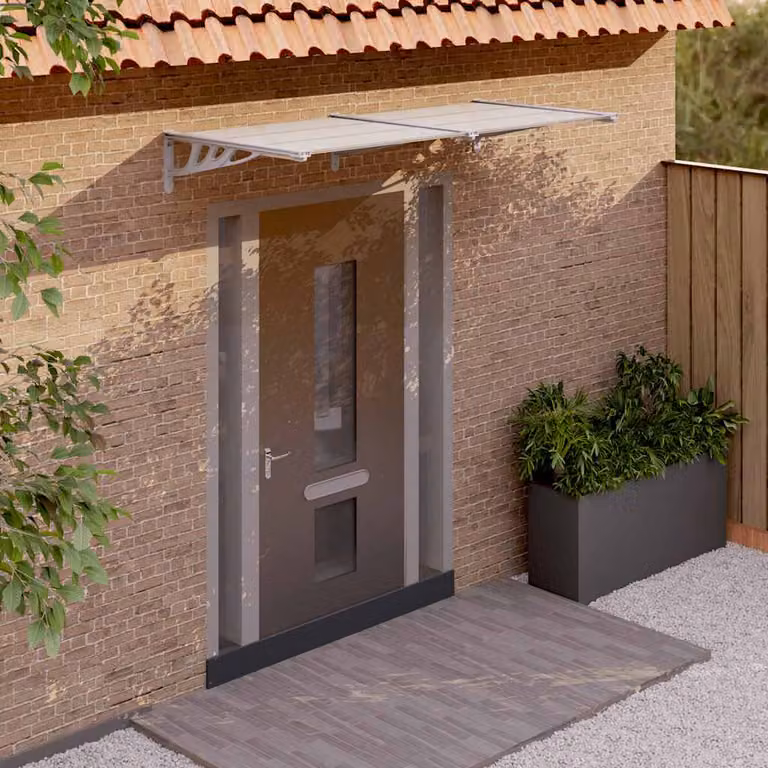 Tettoia per porta vidaXL in policarbonato e alluminio, Grigio e Trasparente, L: 199 cm, P: 90 cm