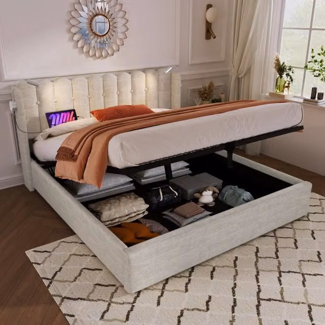 Letto matrimoniale contenitore 160x200 in lino con luce da lettura, USB e rete a doghe