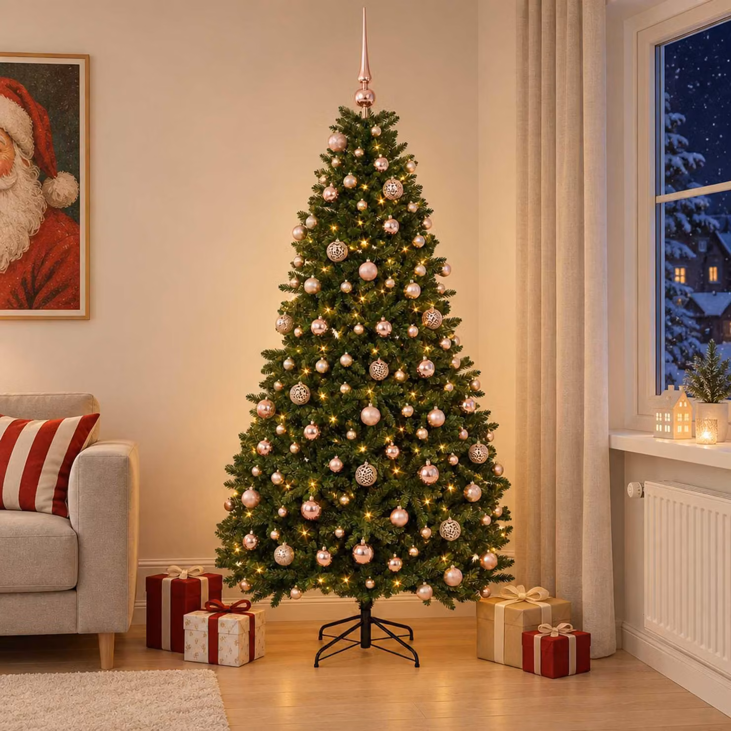 Albero di Natale artificiale, colore verde medio, con decorazioni a palline, altezza 210 cm