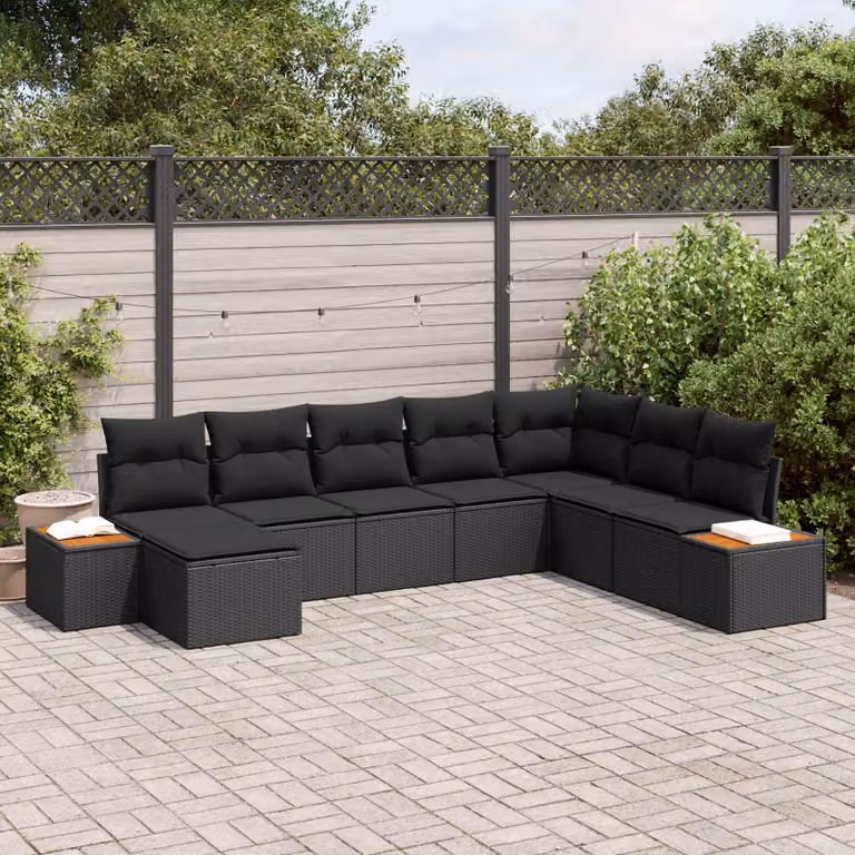 vidaXL Set Divano da Giardino 9 Pezzi Nero con Cuscini e Tavolino da Esterno in Polyrattan e Acciaio
