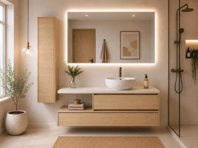 Mobile bagno sospeso DUCHA moderno con illuminazione LED, disponibile in bianco o beige con finitura opaca