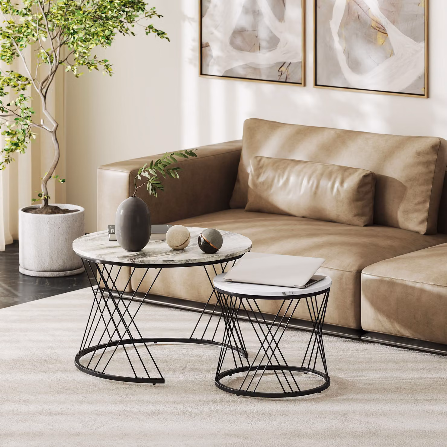 Set di 2 tavolini nidificati rotondi HOMCOM con piano effetto marmo e piedi in metallo, grigio e bianco, Ø 70/44,5 cm – 2