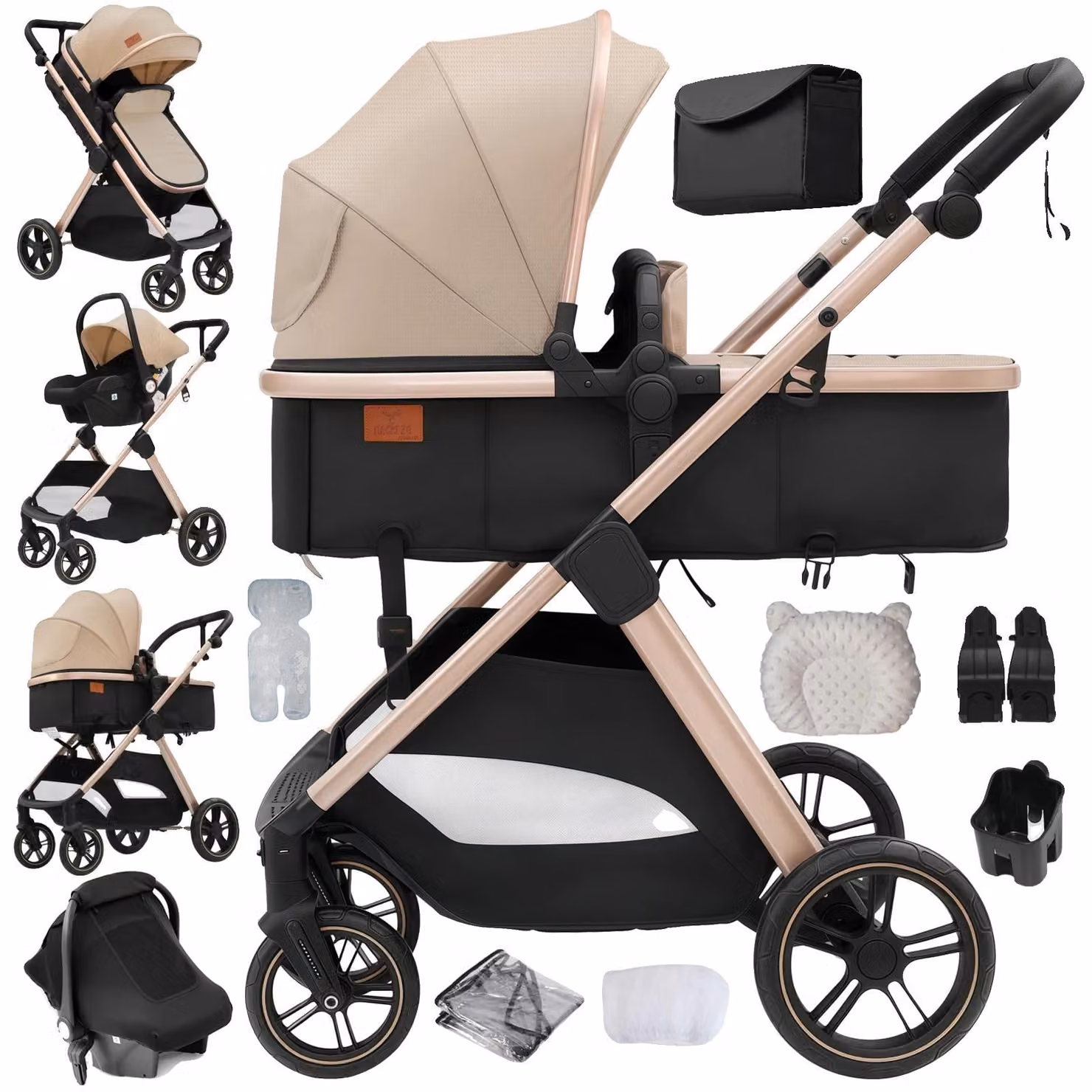 Passeggino per bambini, design 3-in-1, leggero e pieghevole, colore beige V10