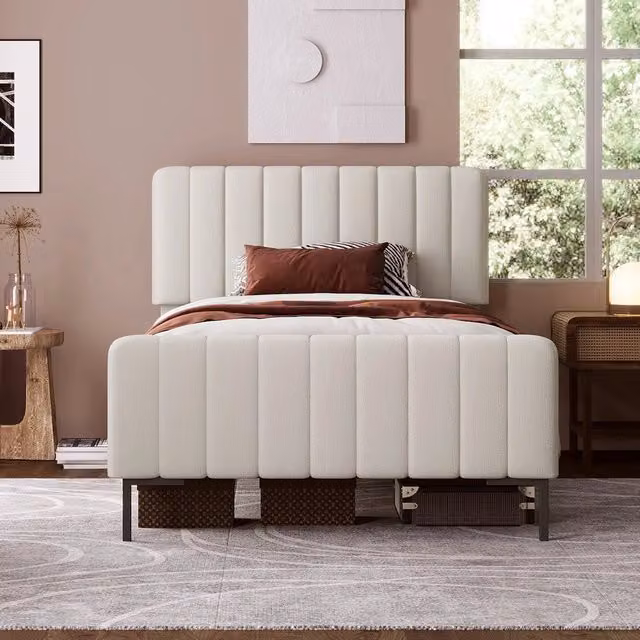 Letto Singolo Imbottito con Testiera Regolabile ¨C MINIMAL ¨C Grigio Beige, Tessuto Lino, 90x200