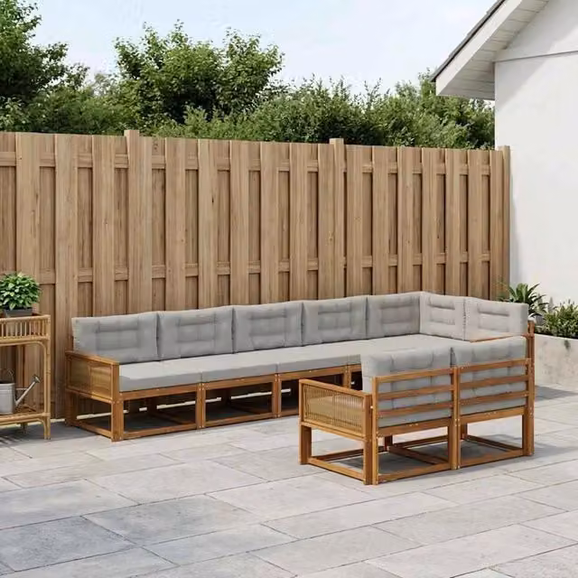 Set di divani da esterno a forma di U vidaXL in legno di acacia con cuscini beige e grigi – 1